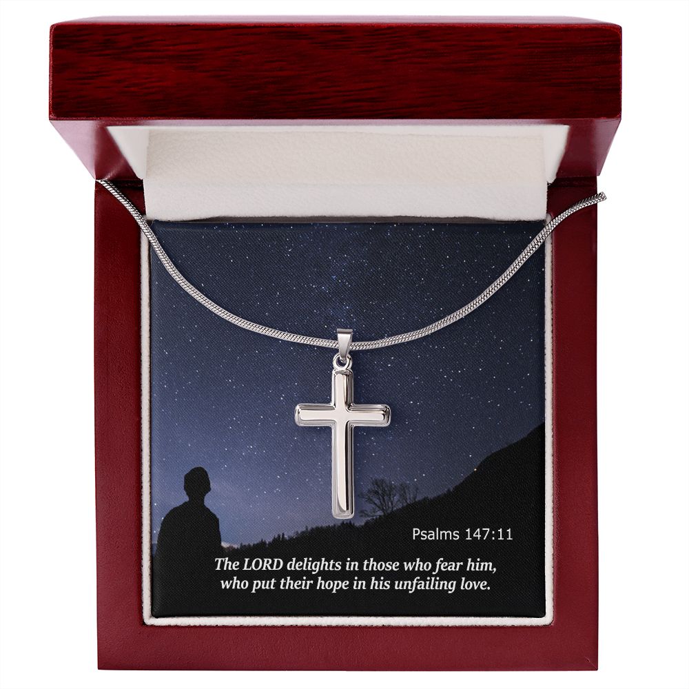 The LORD Delights In Those Who Fear Him - Stainless Cross Necklace with Message Card - Gift for Him