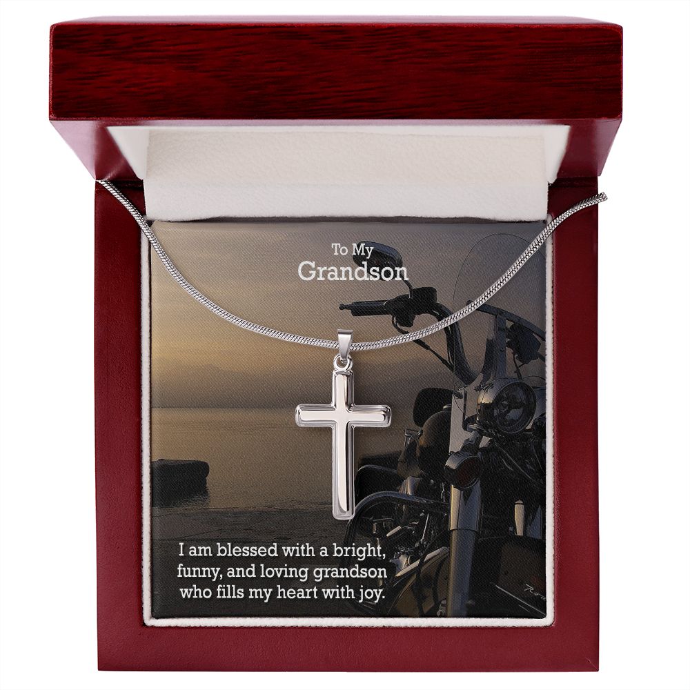 To My Grandson, I am Blessed With a Bright, Funny, And Loving Grandson - Stainless Cross Necklace - Gift for Grandson