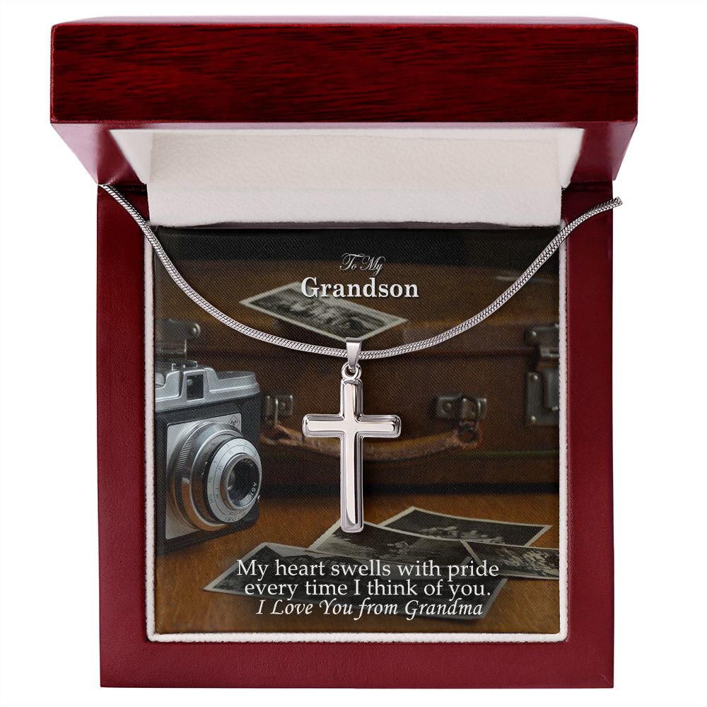 To My Grandson, My Heart Swells With Pride Every Time I Think of You - Stainless Cross Necklace - Gift for Grandson