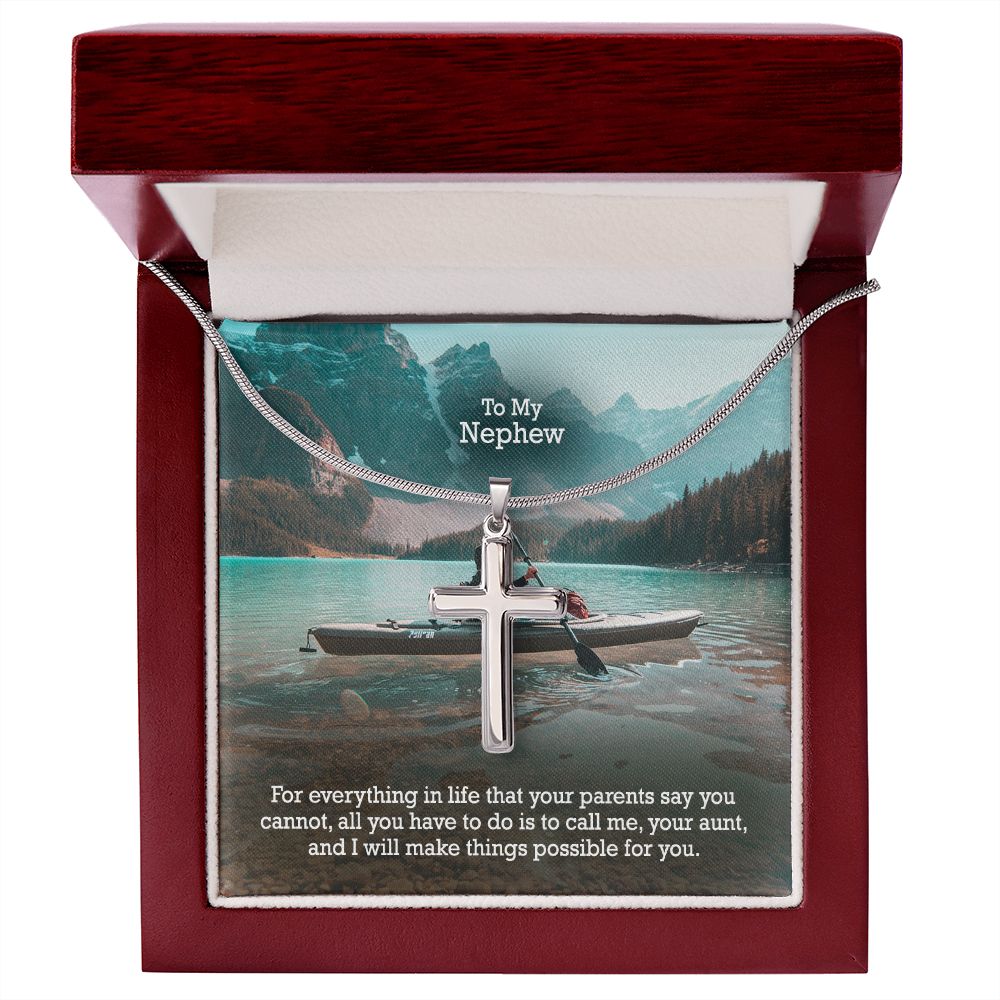 To My Nephew, Call Me, Your Aunt & I Will Make Things Possible For You - Stainless Cross Necklace with Message Card - Gift for Nephew