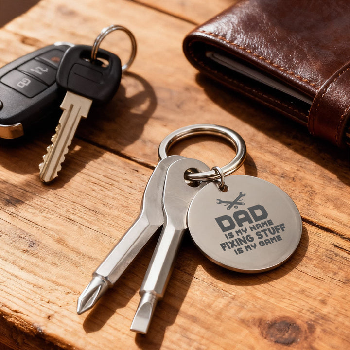 Dad Is My Name, Fixing Stuff Is My Game Screwdriver Keychain – Gift for Dad