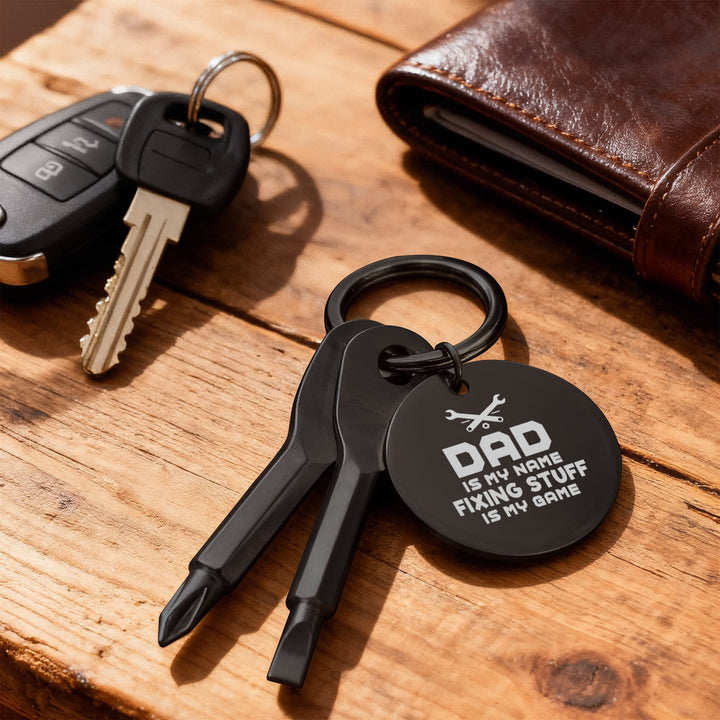 Dad Is My Name, Fixing Stuff Is My Game Screwdriver Keychain – Gift for Dad