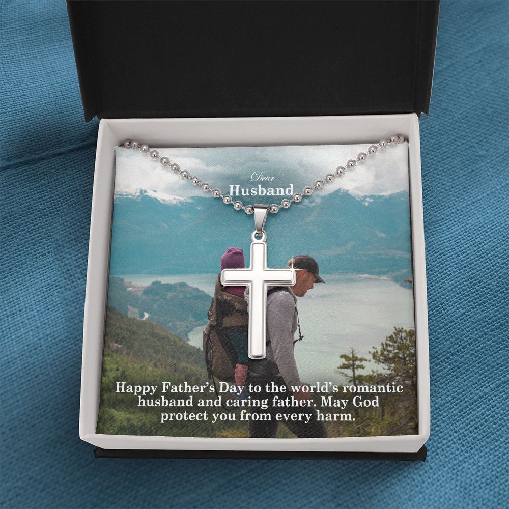 Dear Husband, Happy Father's Day To The World's Romantic Husband & Caring Father - Stainless Cross Necklace w/ Ball Chain - Gift for Husband