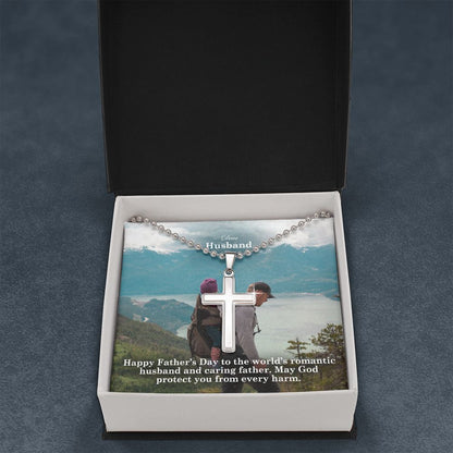 Dear Husband, Happy Father's Day To The World's Romantic Husband & Caring Father - Stainless Cross Necklace w/ Ball Chain - Gift for Husband