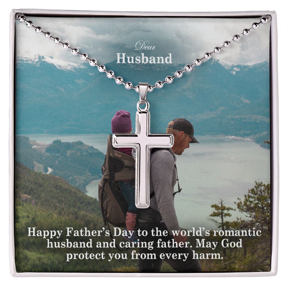 Dear Husband, Happy Father's Day To The World's Romantic Husband & Caring Father - Stainless Cross Necklace w/ Ball Chain - Gift for Husband