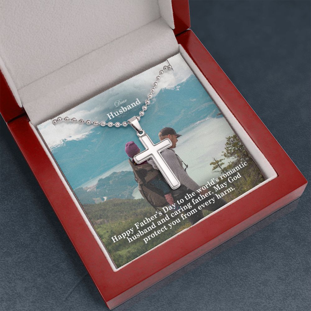 Dear Husband, Happy Father's Day To The World's Romantic Husband & Caring Father - Stainless Cross Necklace w/ Ball Chain - Gift for Husband