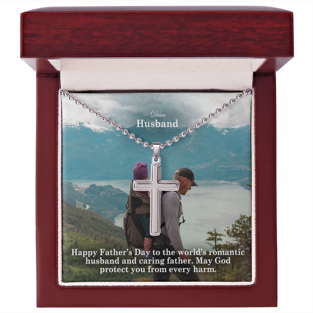 Dear Husband, Happy Father's Day To The World's Romantic Husband & Caring Father - Stainless Cross Necklace w/ Ball Chain - Gift for Husband