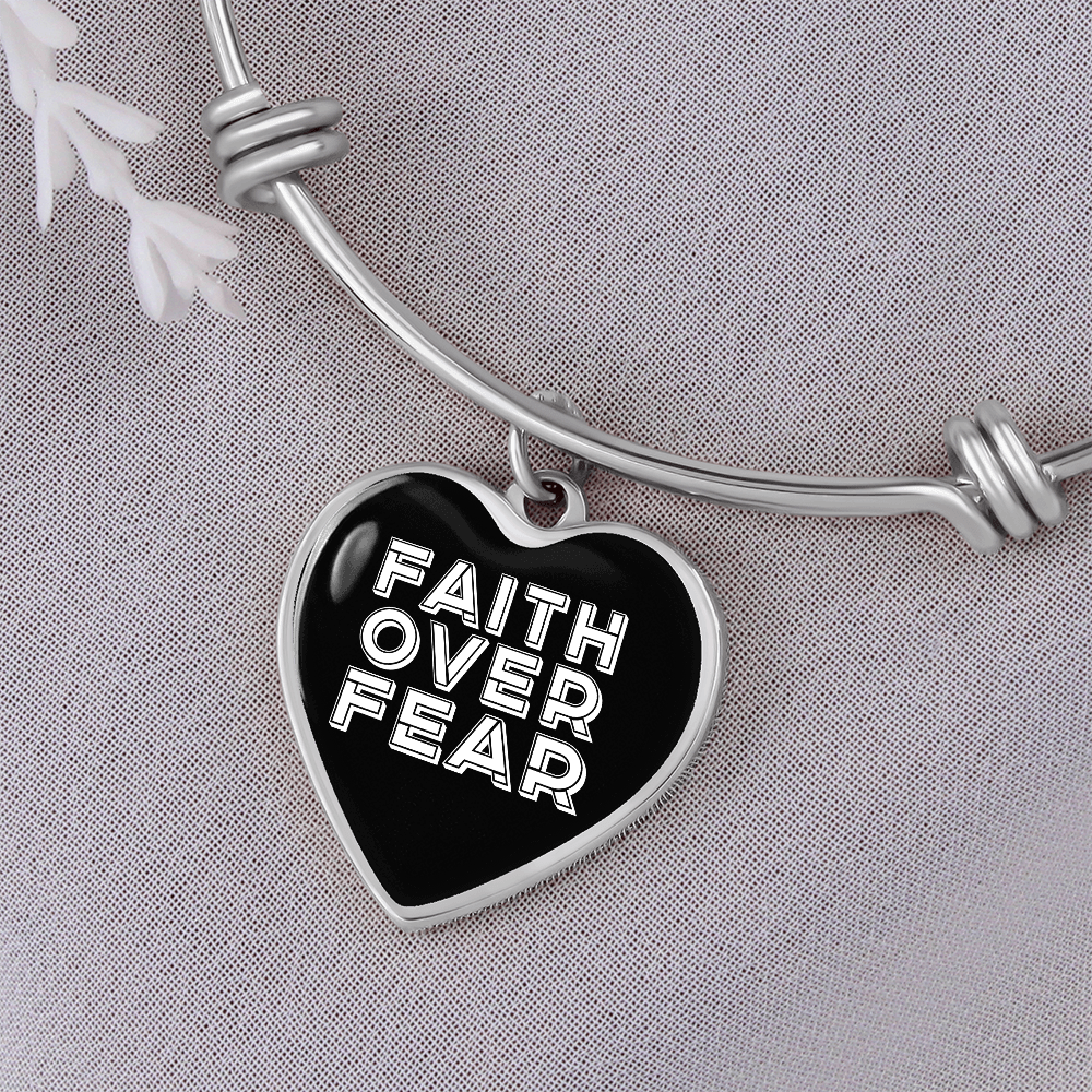 Faith Over Fear (White) - Non-Message Card Luxury Heart Bangle - Gift for Her - Gift for Him