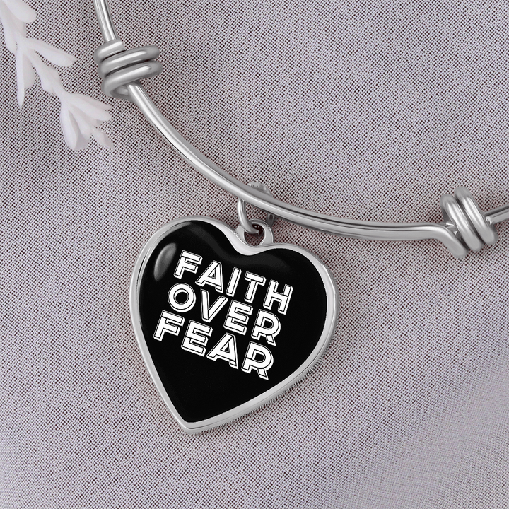 Faith Over Fear (White) – Luxury Heart Bangle – Gift for Her - Gift for Him