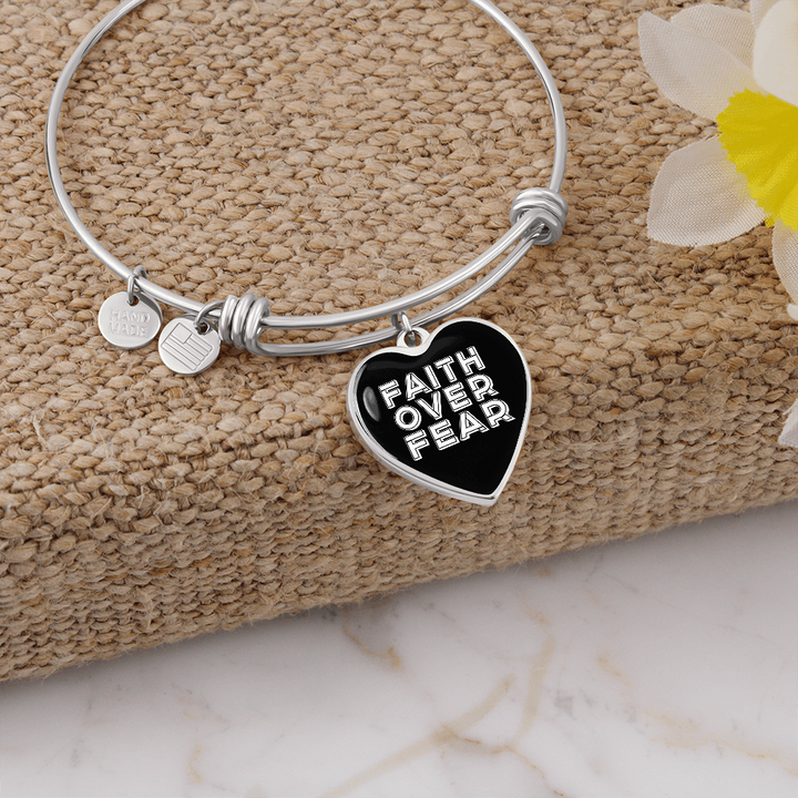 Faith Over Fear (White) – Luxury Heart Bangle – Gift for Her - Gift for Him