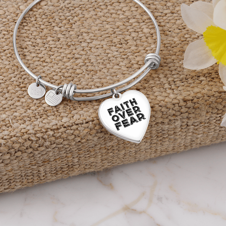 Faith Over Fear (Black) – Luxury Heart Bangle – Gift for Her - Gift for Him
