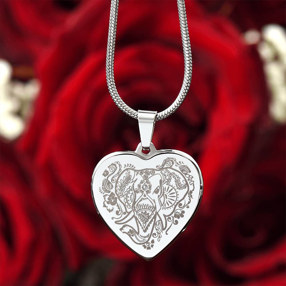 Elephant Head - Engraved Heart Necklace - Gift for Her