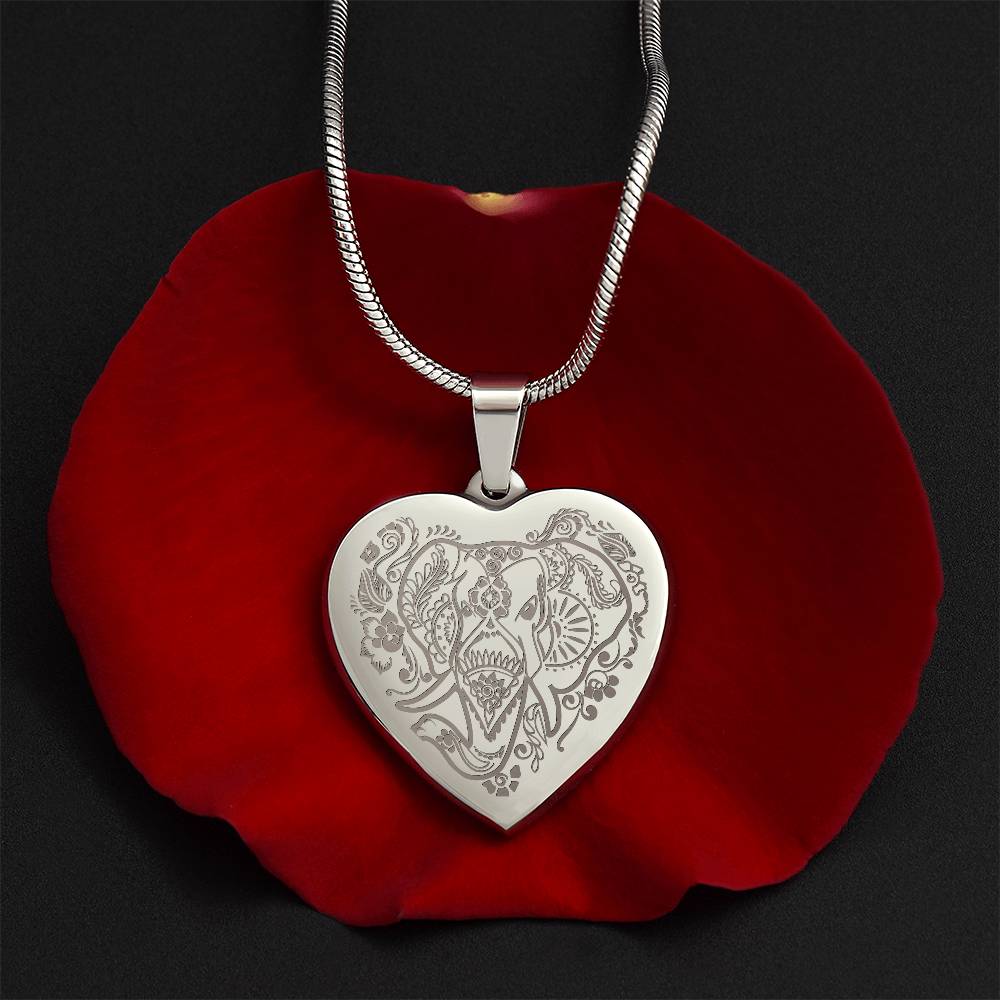 Elephant Head - Engraved Heart Necklace - Gift for Her