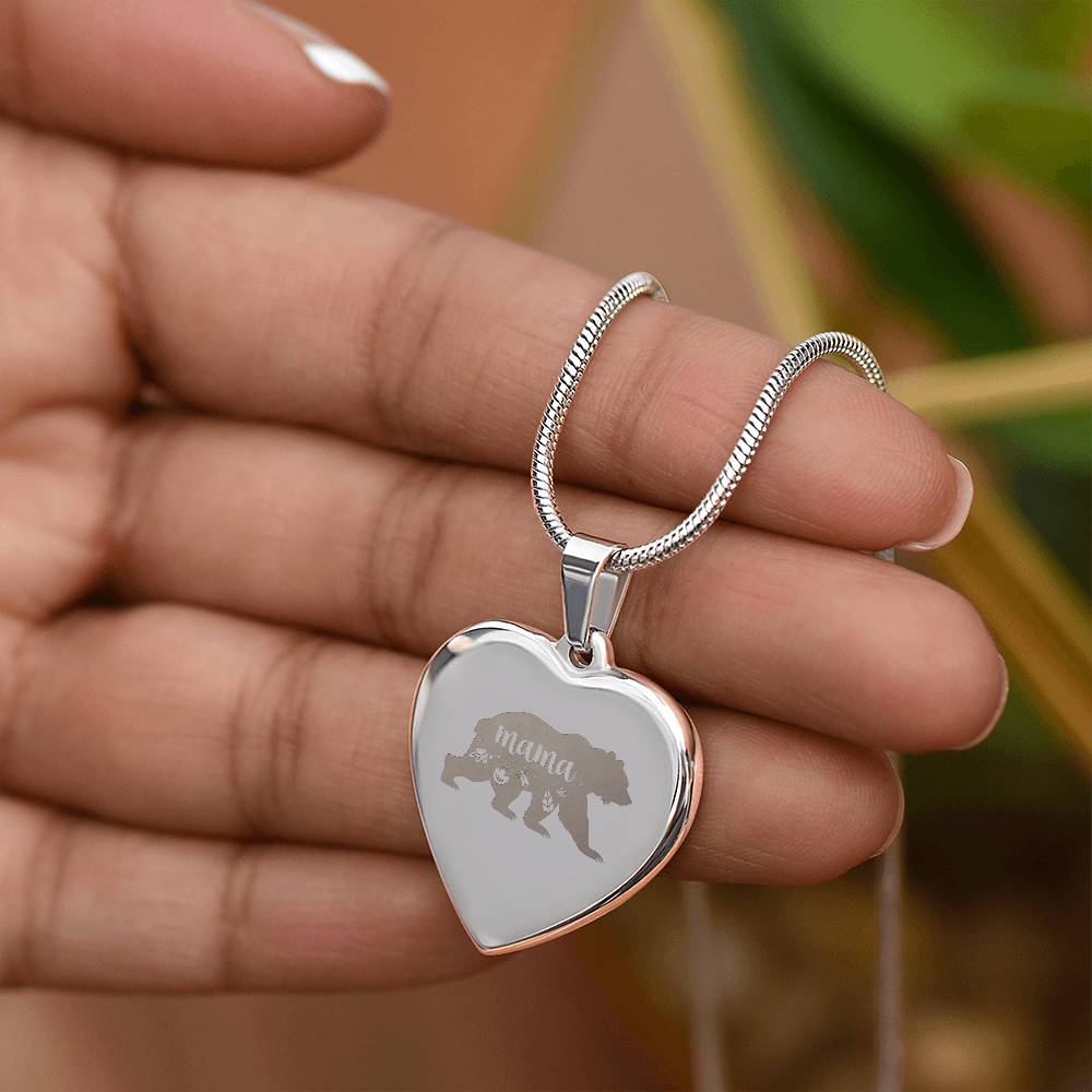 Mama Bear - Engraved Heart Necklace - Gift for Mom