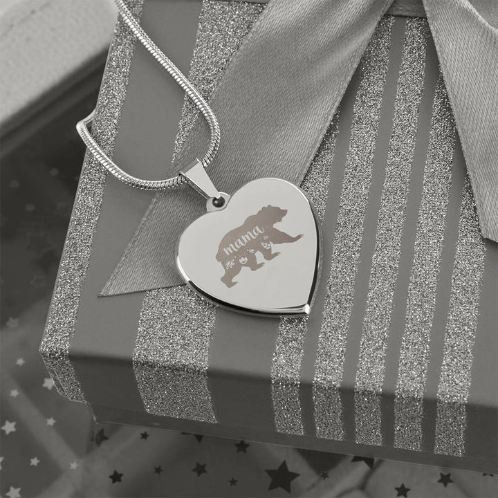 Mama Bear – Engraved Heart Necklace – Gift for Mom