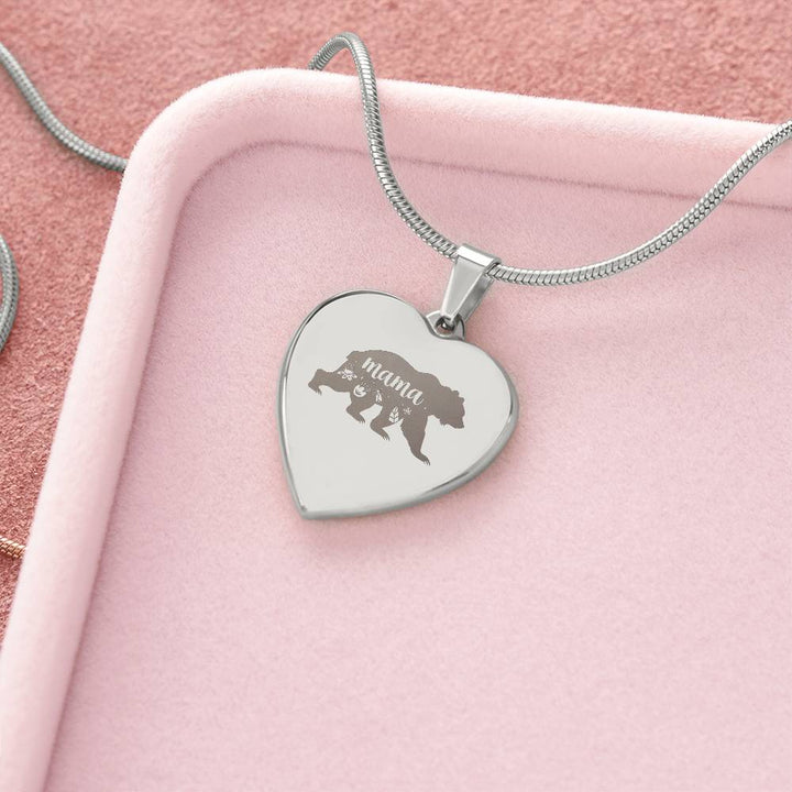Mama Bear – Engraved Heart Necklace – Gift for Mom