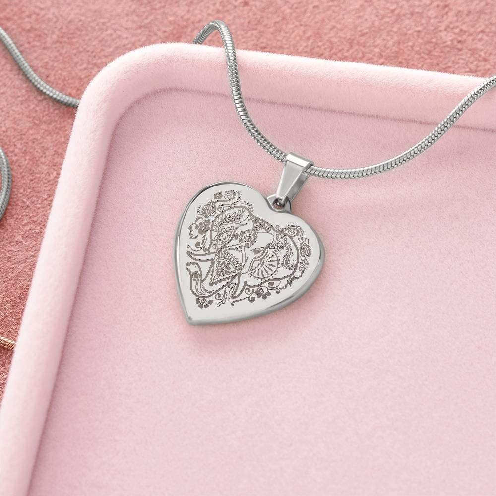 Elephant Head - Engraved Heart Necklace - Gift for Her