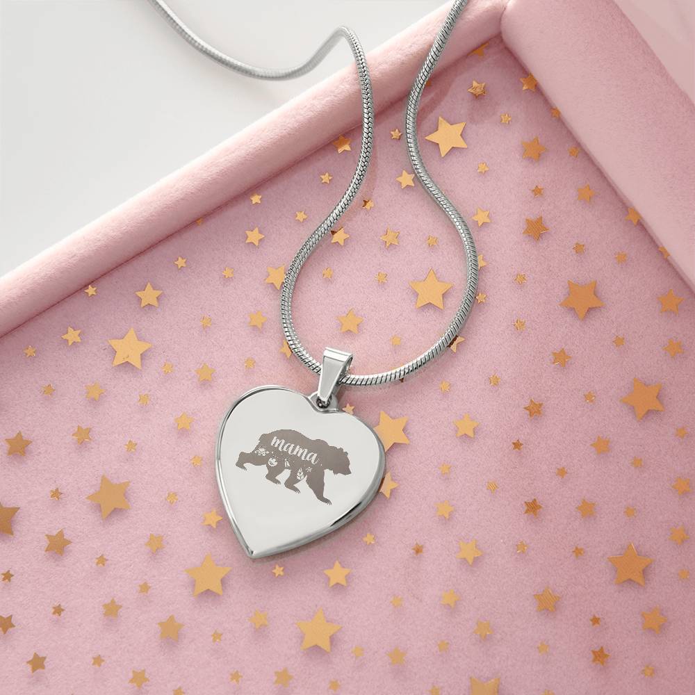 Mama Bear - Engraved Heart Necklace - Gift for Mom