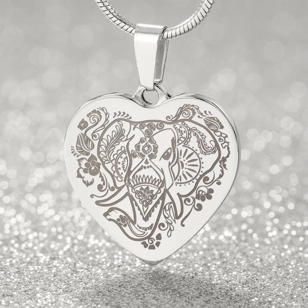 Elephant Head - Engraved Heart Necklace - Gift for Her