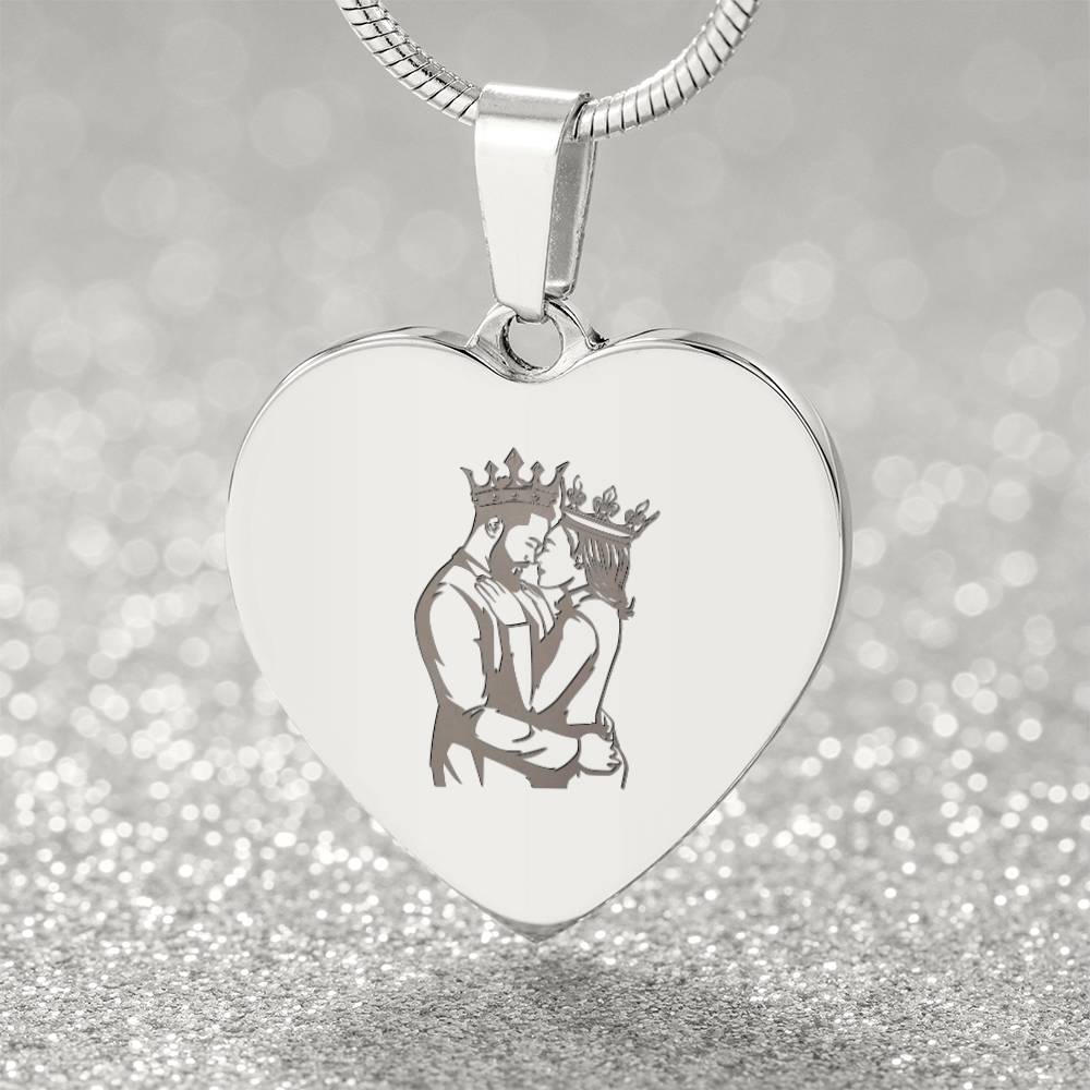 Couple King Queen – Engraved Heart Necklace – Gift for Her - Gift for Him