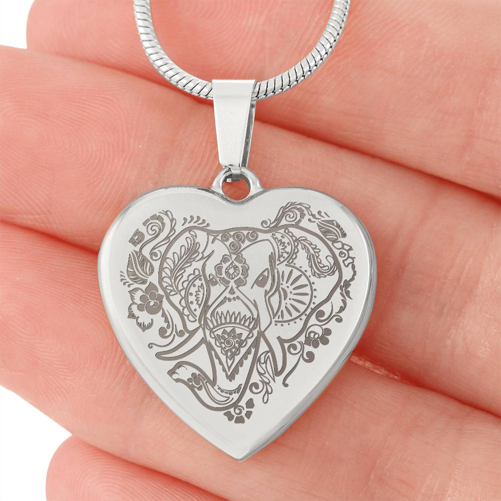 Elephant Head – Engraved Heart Necklace – Gift for Her