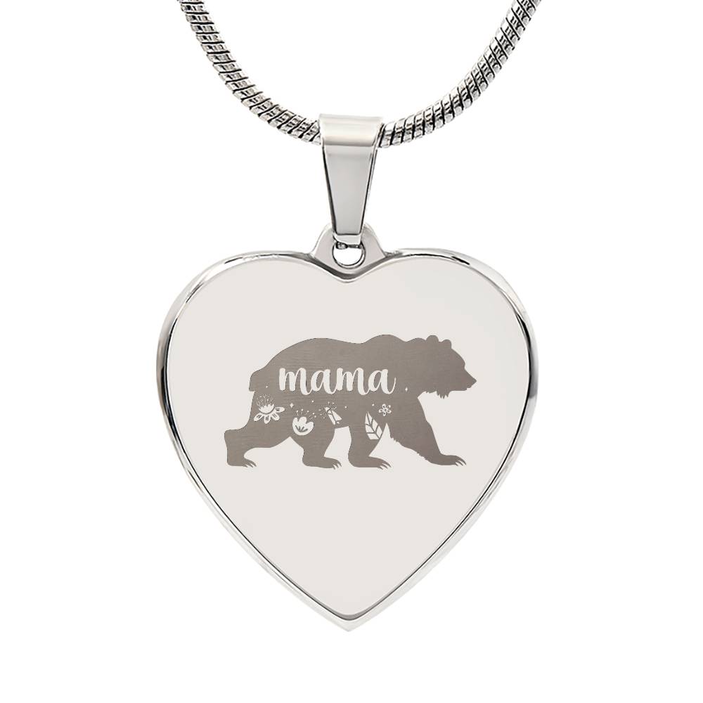 Mama Bear - Engraved Heart Necklace - Gift for Mom