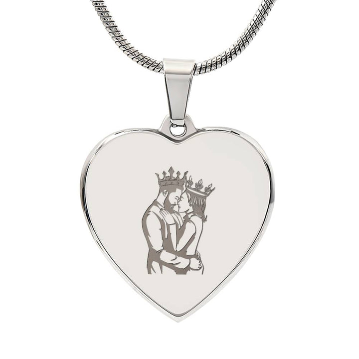 Couple King Queen - Engraved Heart Necklace - Gift for Her - Gift for Him