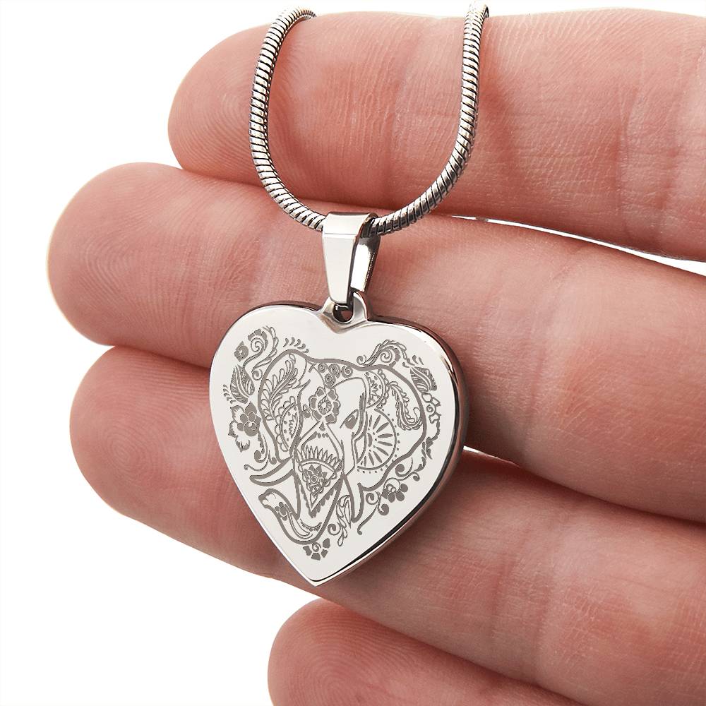 Elephant Head - Engraved Heart Necklace - Gift for Her