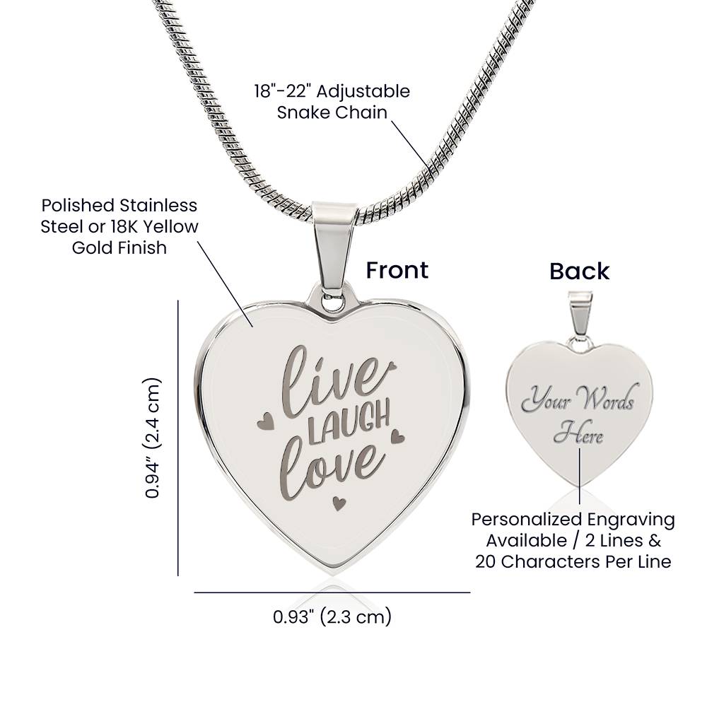 Live Laugh Love – Engraved Heart Necklace – Gift for Her