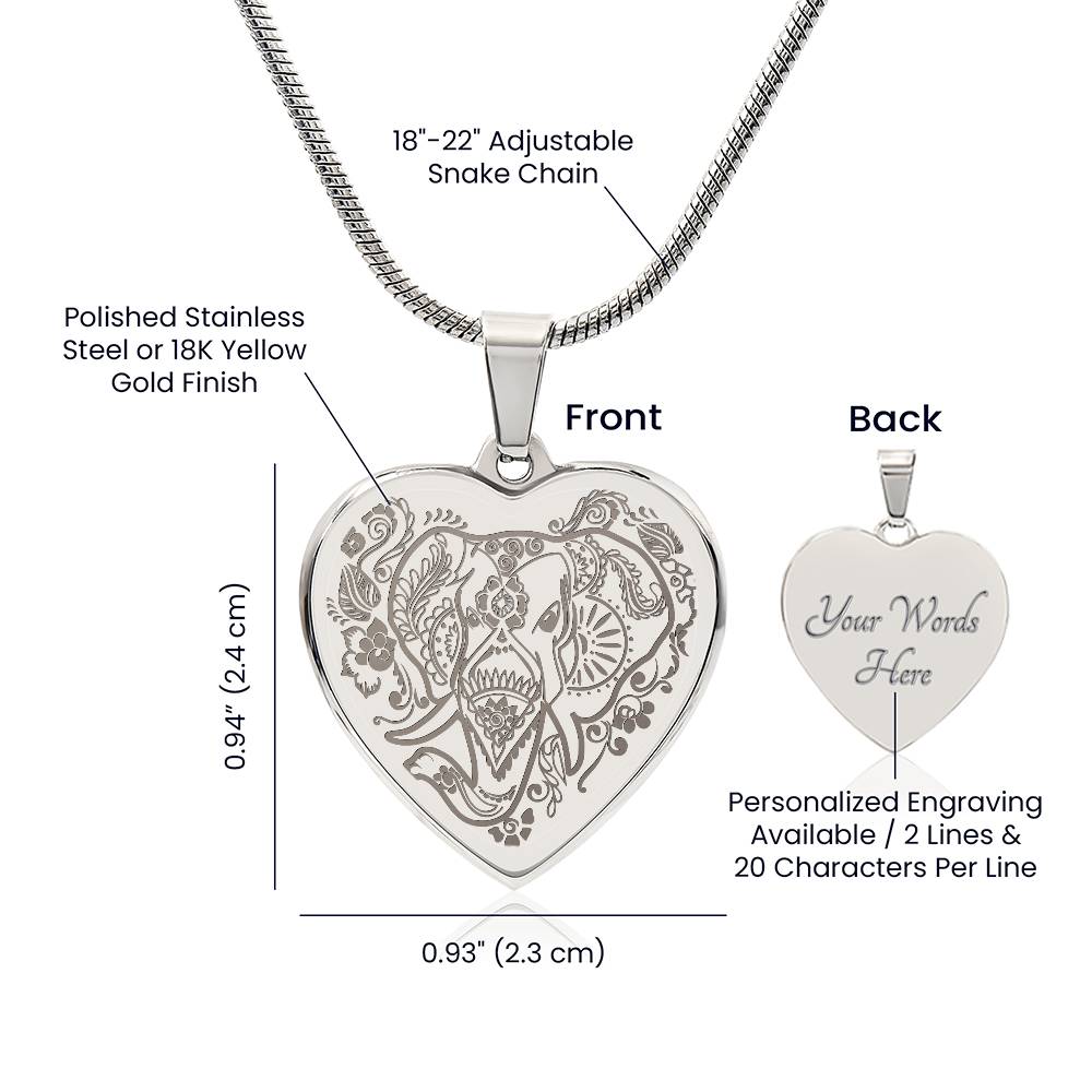 Elephant Head - Engraved Heart Necklace - Gift for Her