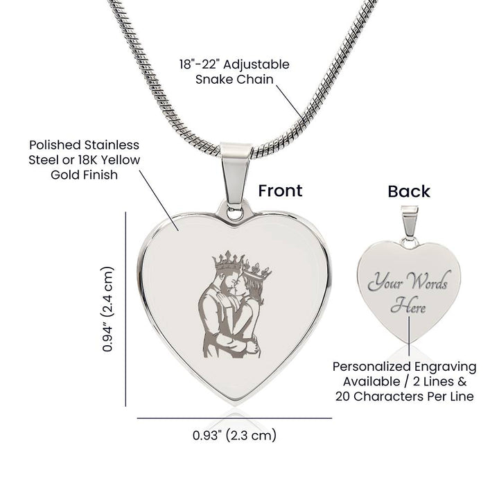 Couple King Queen – Engraved Heart Necklace – Gift for Her - Gift for Him