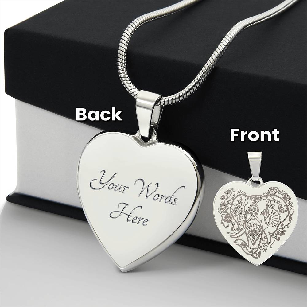 Elephant Head - Engraved Heart Necklace - Gift for Her