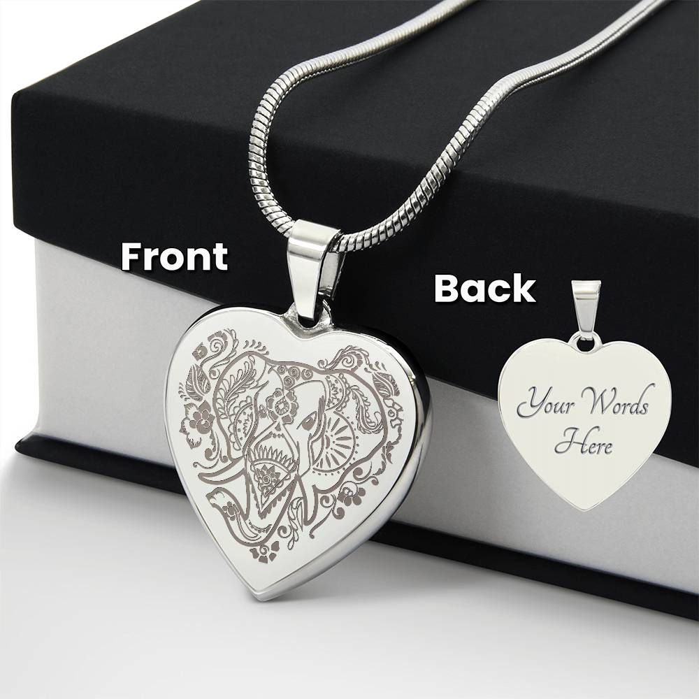 Elephant Head - Engraved Heart Necklace - Gift for Her