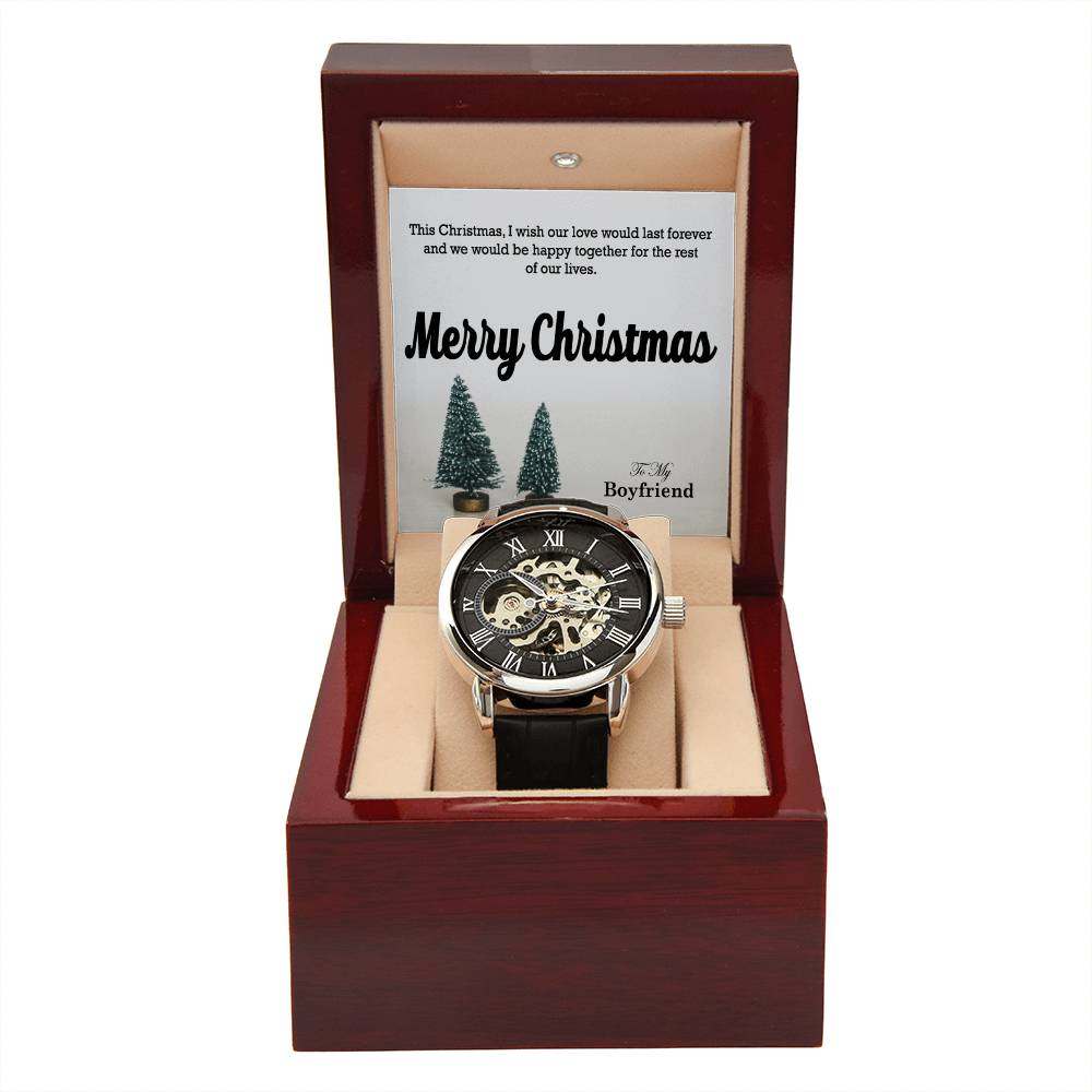 To My Boyfriend, I Wish Our Love Would Last Forever & We Would Be Happy Together For The Rest Of Our Lives - Merry Christmas - Men's Openwork Watch with Message Card - Gift for Boyfriend