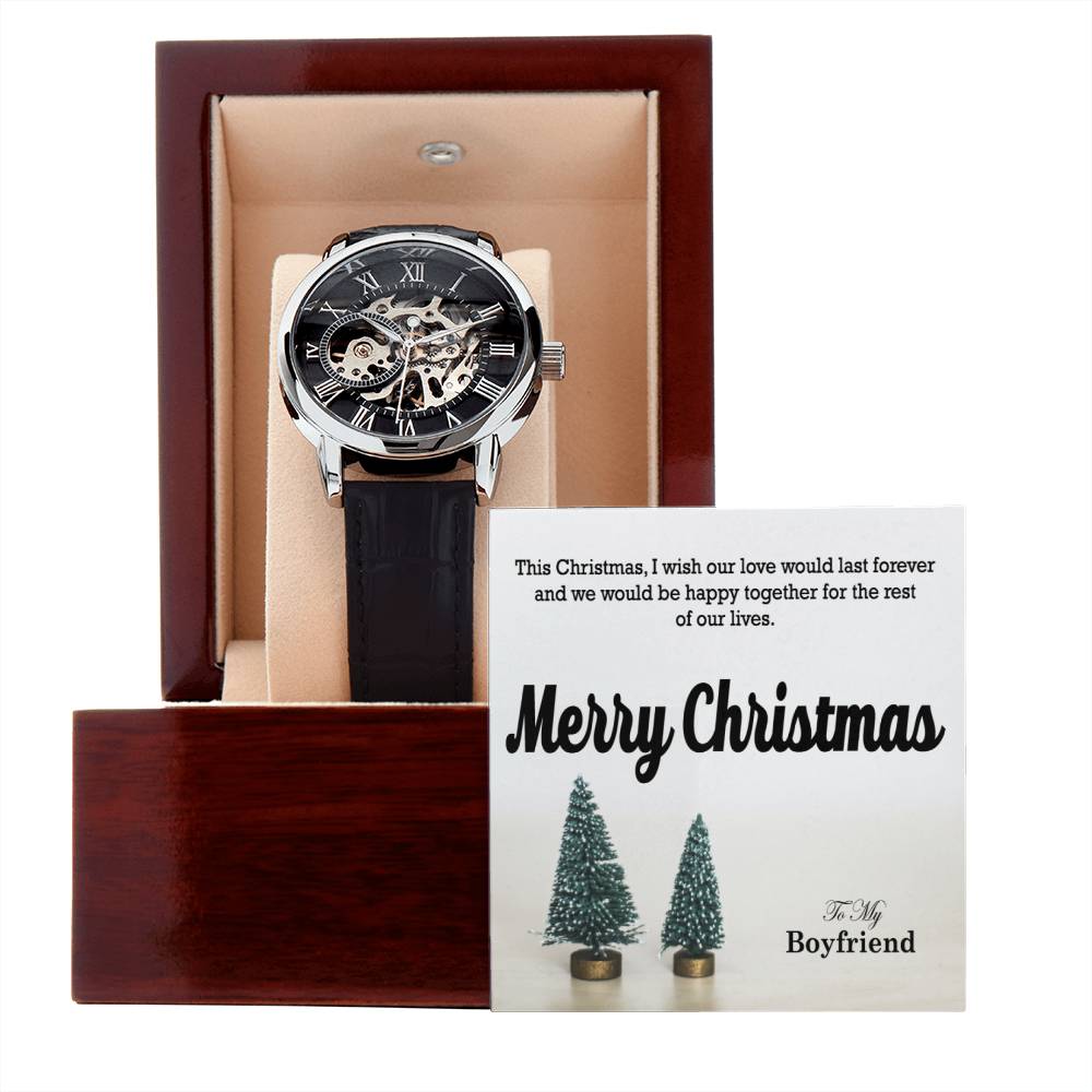 To My Boyfriend, I Wish Our Love Would Last Forever & We Would Be Happy Together For The Rest Of Our Lives - Merry Christmas - Men's Openwork Watch with Message Card - Gift for Boyfriend