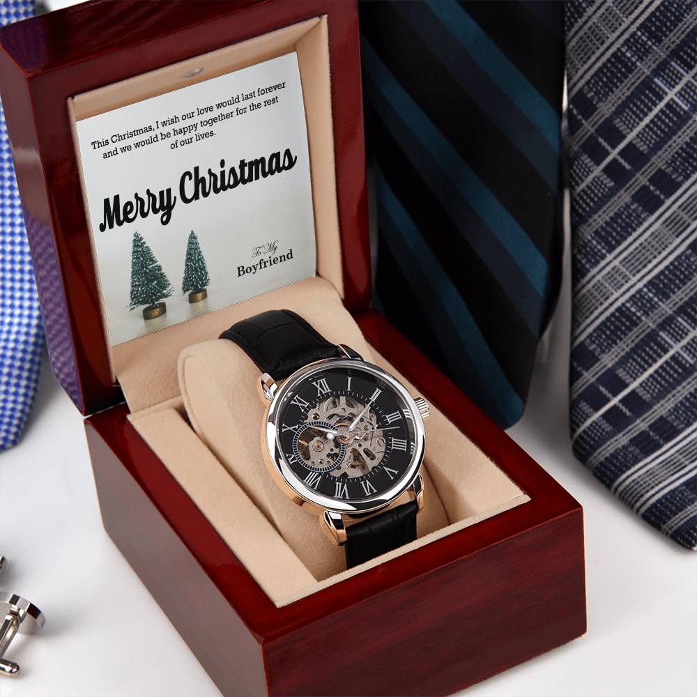 To My Boyfriend, I Wish Our Love Would Last Forever & We Would Be Happy Together For The Rest Of Our Lives - Merry Christmas - Men's Openwork Watch with Message Card - Gift for Boyfriend