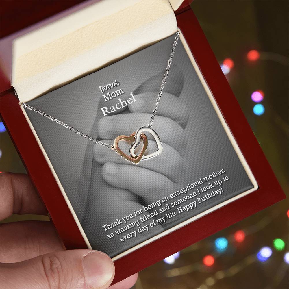 Dearest Mom, Thank You For Being An Exceptional Mother, An Amazing Friend &amp; Someone I Look Up To Everyday of My Life - Happy Birthday - Interlocking Hearts Necklace with Message Card - Gift for Mom