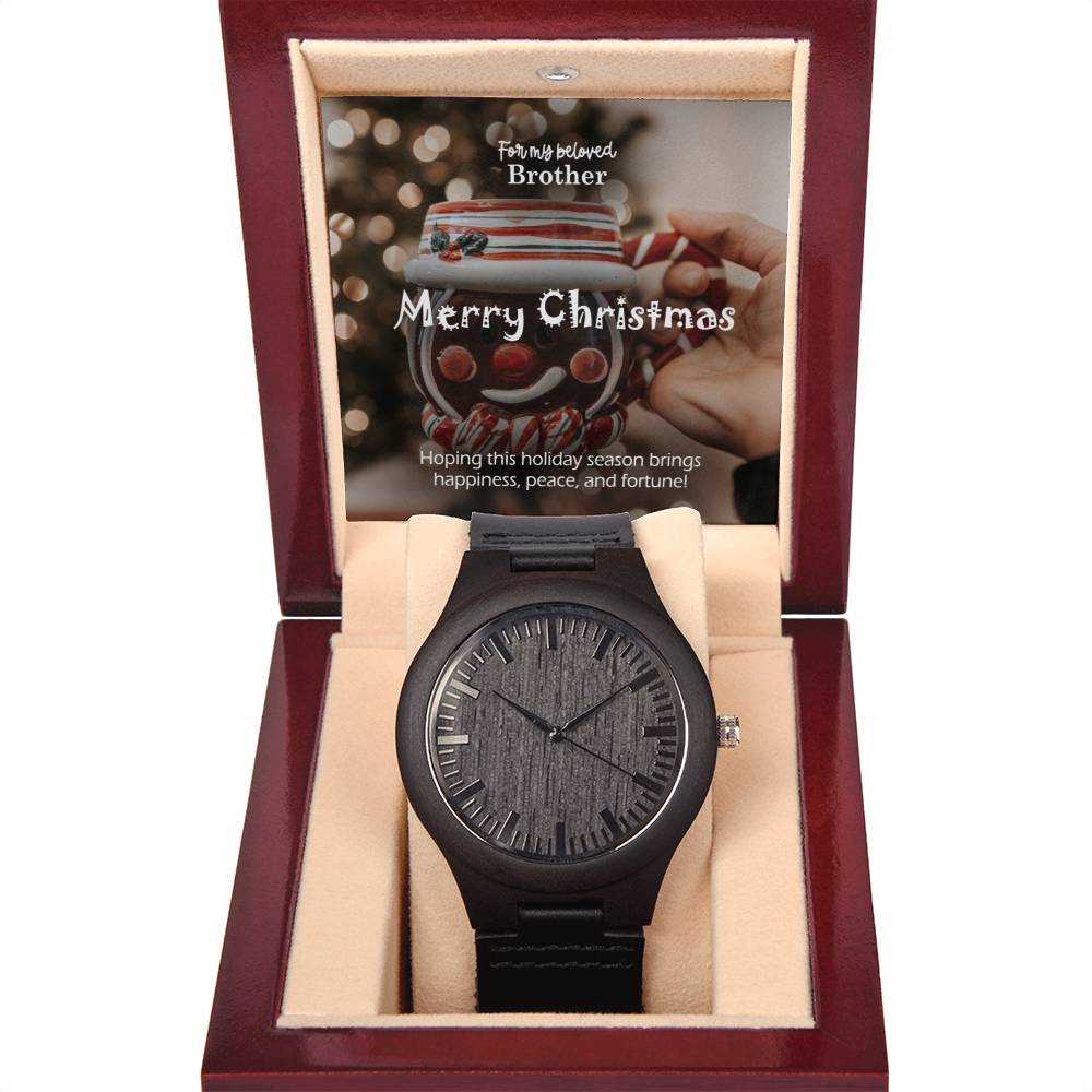 For My Beloved Brother, Merry Christmas – Hoping This Holiday Season Brings Happiness, Peace &amp; Fortune! – Wooden Watch with Message Card – Gift for Brother