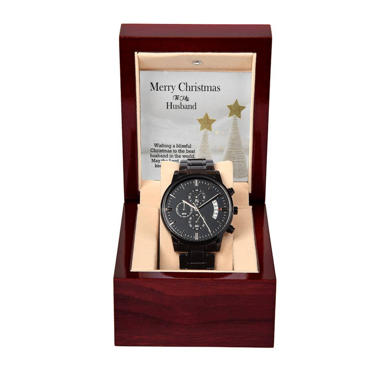 To My Husband, Wishing A Blissful Christmas To The Best Husband In The World – Black Chronograph Watch with Message Card – Gift for Husband