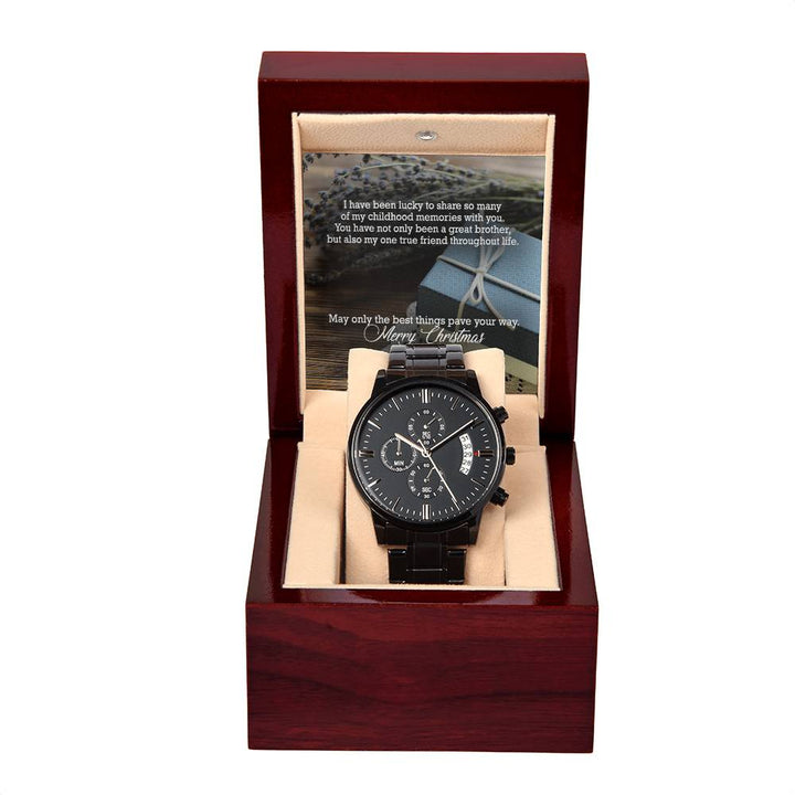 I Have Been Lucky To Share So Many Of My Childhood Memories With You – Merry Christmas Brother – Black Chronograph Watch with Message Card – Gift for Brother