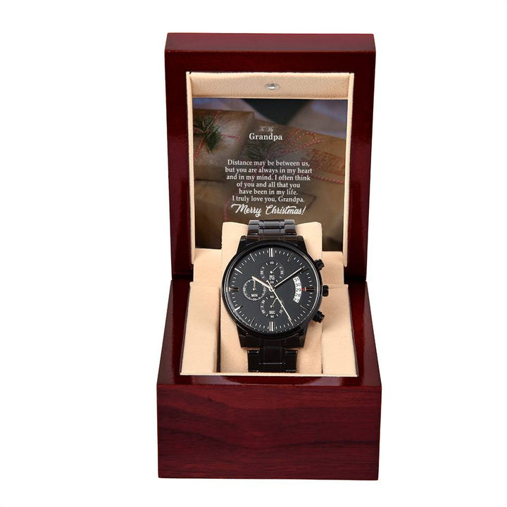 To My Grandpa, Distance May Be Between Us, But You Are Always In My Heart &amp; In My Mind – Merry Christmas – Black Chronograph Watch with Message Card – Gift for Grandpa