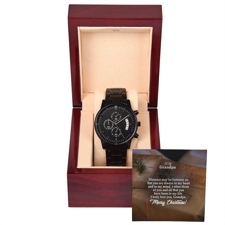 To My Grandpa, Distance May Be Between Us, But You Are Always In My Heart &amp; In My Mind – Merry Christmas – Black Chronograph Watch with Message Card – Gift for Grandpa