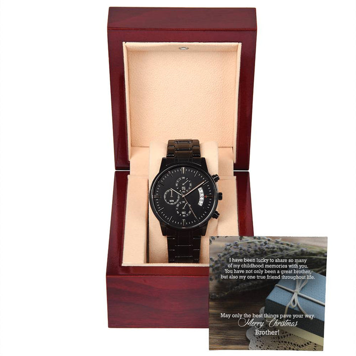 I Have Been Lucky To Share So Many Of My Childhood Memories With You – Merry Christmas Brother – Black Chronograph Watch with Message Card – Gift for Brother