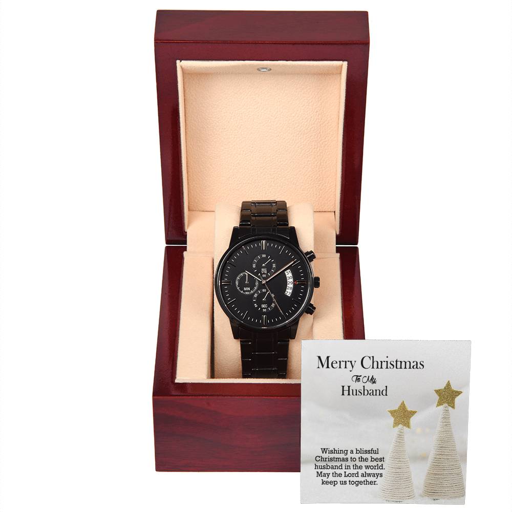 To My Husband, Wishing A Blissful Christmas To The Best Husband In The World – Black Chronograph Watch with Message Card – Gift for Husband
