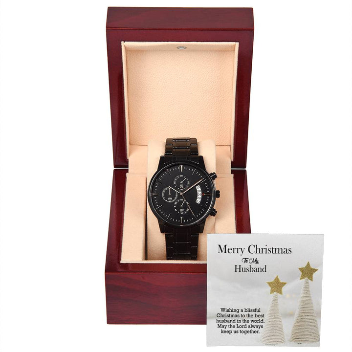 To My Husband, Wishing A Blissful Christmas To The Best Husband In The World – Black Chronograph Watch with Message Card – Gift for Husband