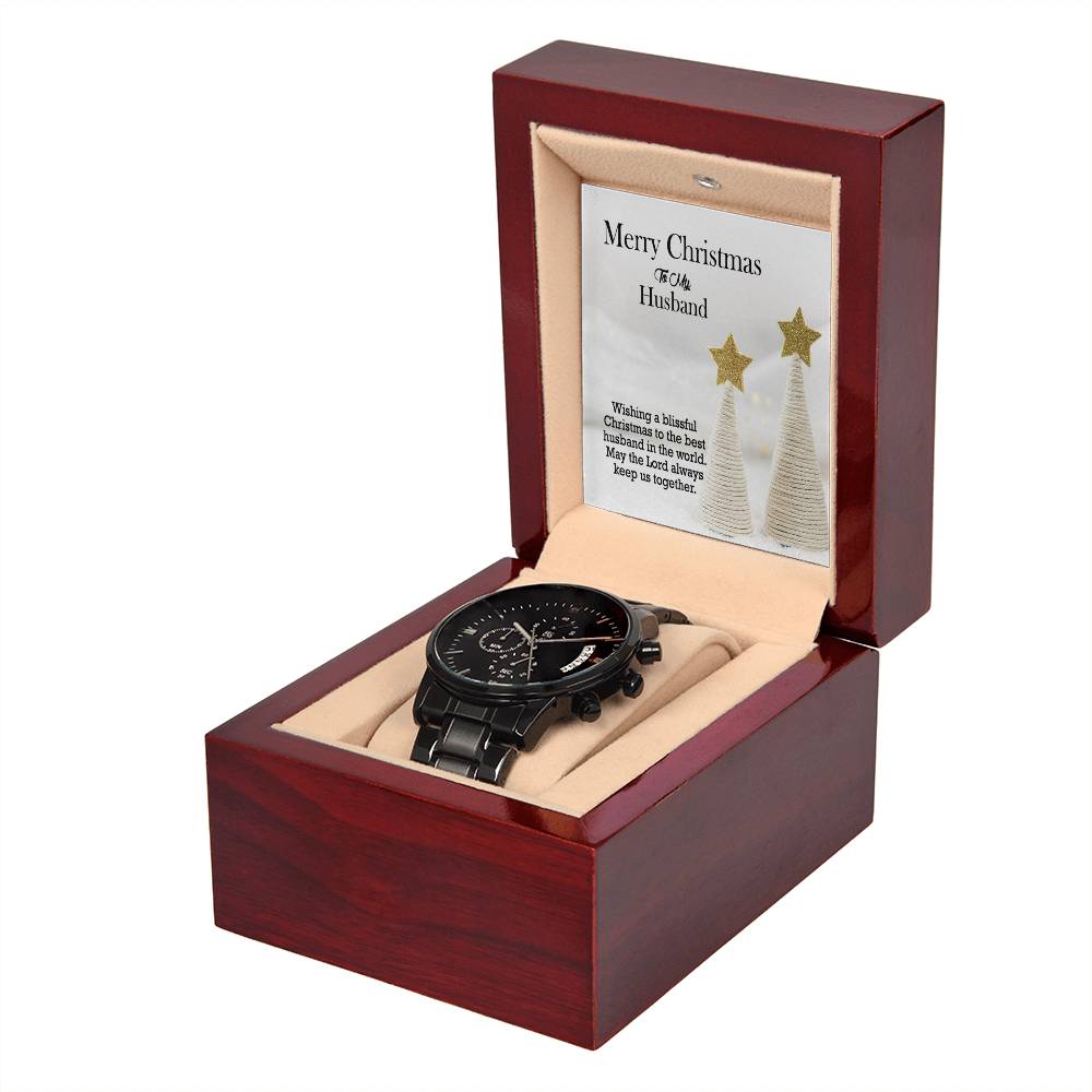 To My Husband, Wishing A Blissful Christmas To The Best Husband In The World - Black Chronograph Watch with Message Card - Gift for Husband