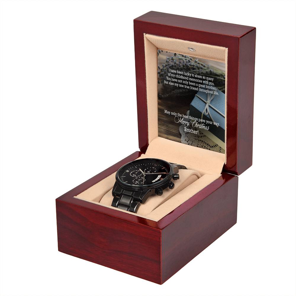I Have Been Lucky To Share So Many Of My Childhood Memories With You – Merry Christmas Brother – Black Chronograph Watch with Message Card – Gift for Brother
