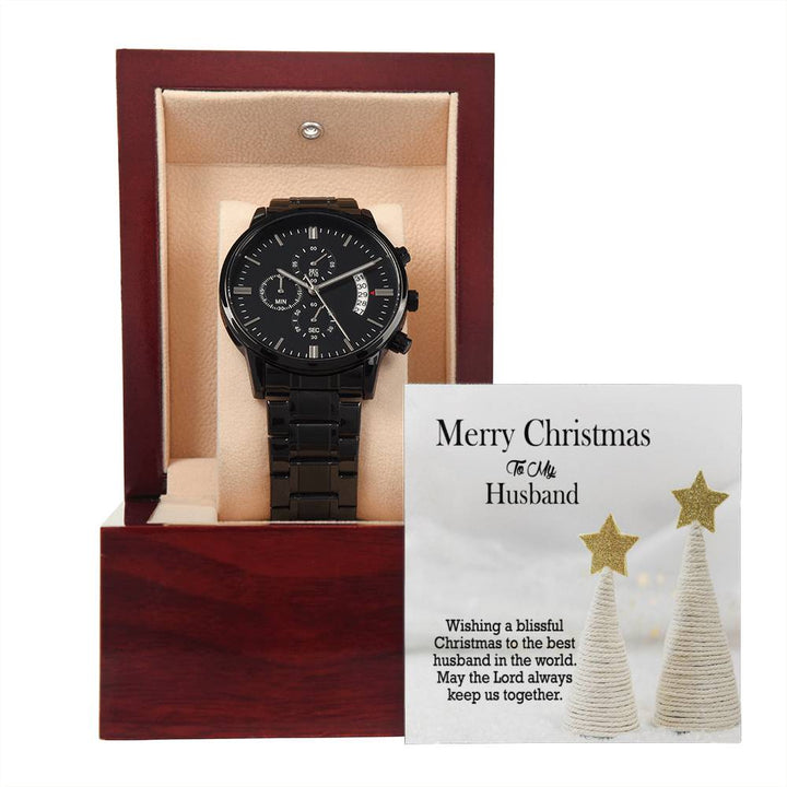 To My Husband, Wishing A Blissful Christmas To The Best Husband In The World – Black Chronograph Watch with Message Card – Gift for Husband