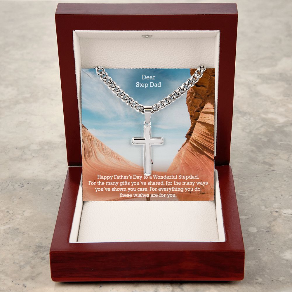 Dear Step Dad, Happy Father's Day! - For The Many Gifts You've Shared, For The Many Ways You've Shown You Care - Cuban Chain with Artisan Cross Necklace - Gift for Step Dad