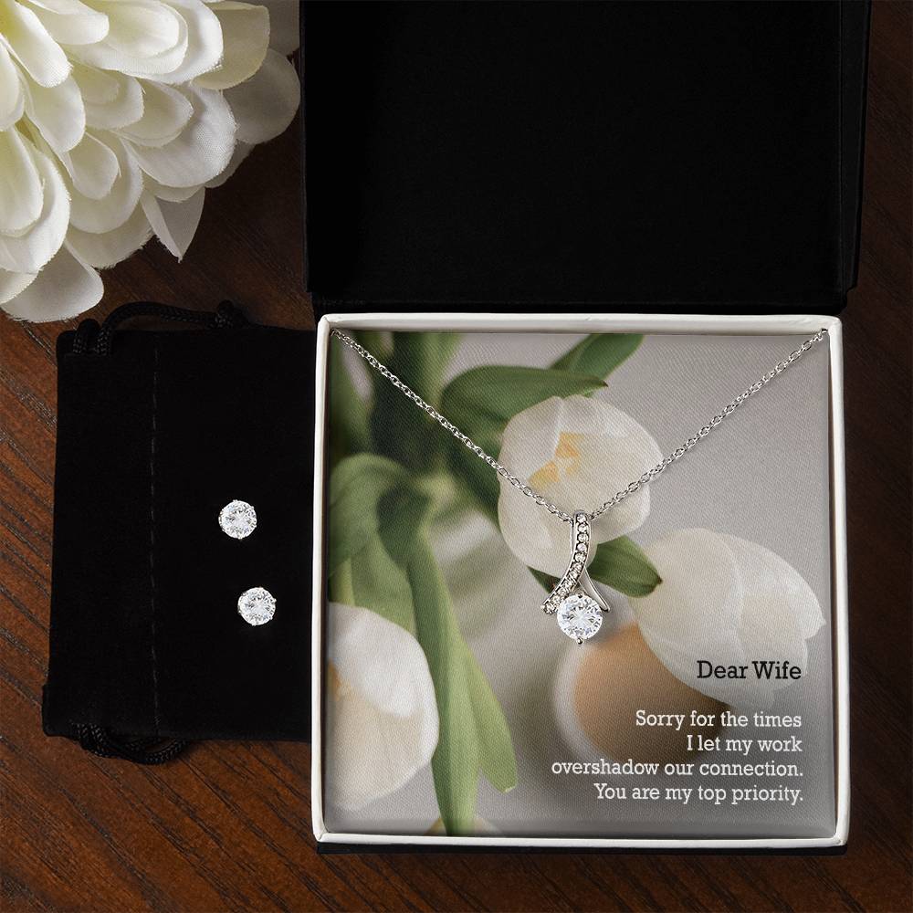 Dear Wife, Sorry For The Times I Let My Work Overshadow Our Connection - Alluring Beauty Necklace &amp; Clear CZ Earrings - Gift for Wife